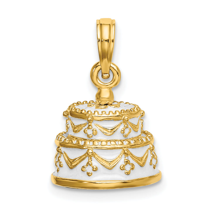 14k Yellow Gold Enameled JUST MARRIED 3-D Wedding Cake Pendant