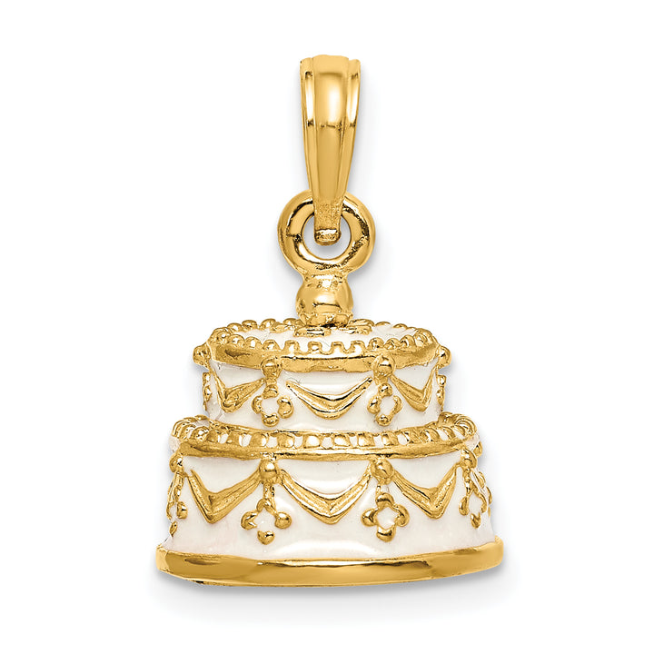 14k Yellow Gold Enameled JUST MARRIED 3-D Wedding Cake Pendant