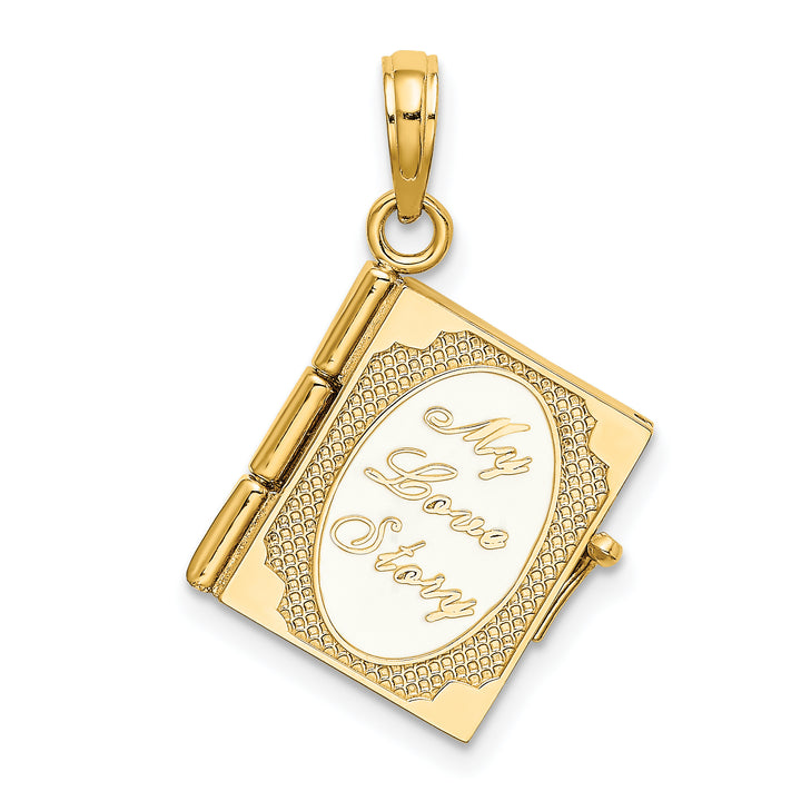 14kt Yellow Gold Enameled 3-D Moveable MY LOVE STORY Book Pendant