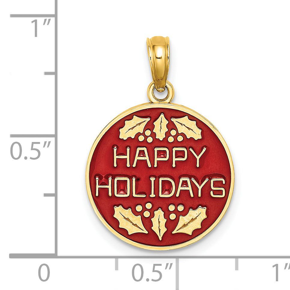 14K Yellow Gold Enameled HAPPY HOLIDAYS with Holly Disc Charm Pendant