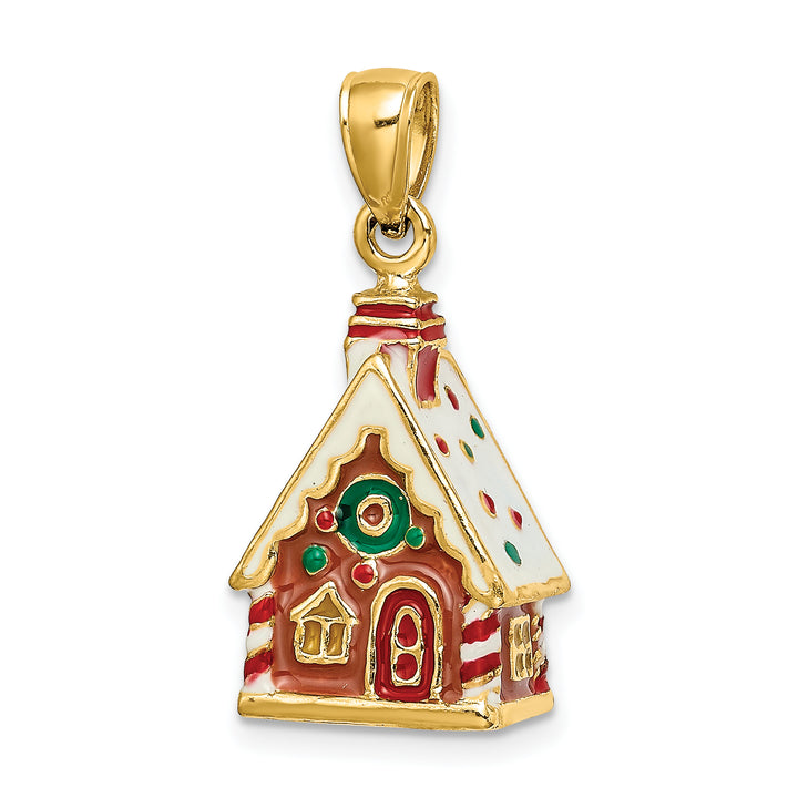 14K Yellow Gold 3-D Enamel Gingerbread House Charm Pendant