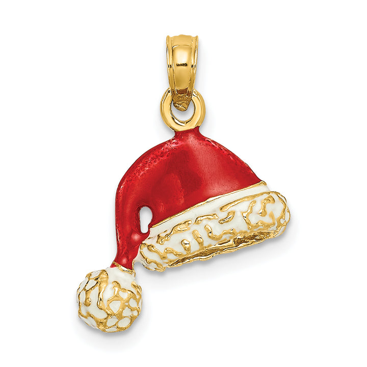 14K Yellow Gold 3-D Red, White Enameled Santa Hat Charm Pendant