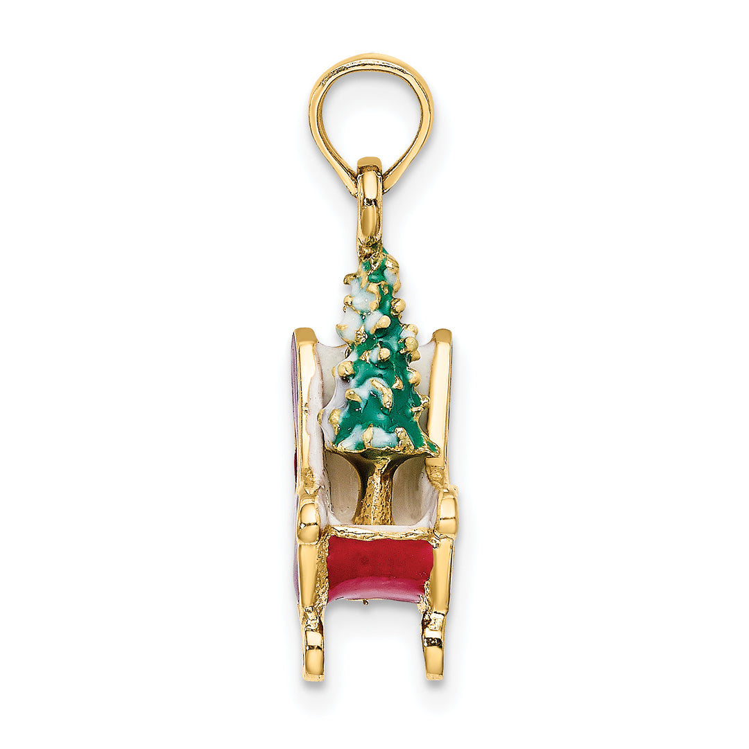 14K Yellow Gold 3-D Enameled Sleigh with Christmas Tree Charm Pendant