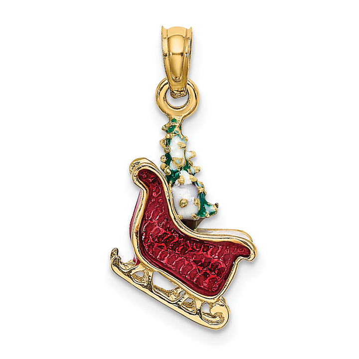 14K Yellow Gold 3-D Enameled Sleigh with Christmas Tree Charm Pendant