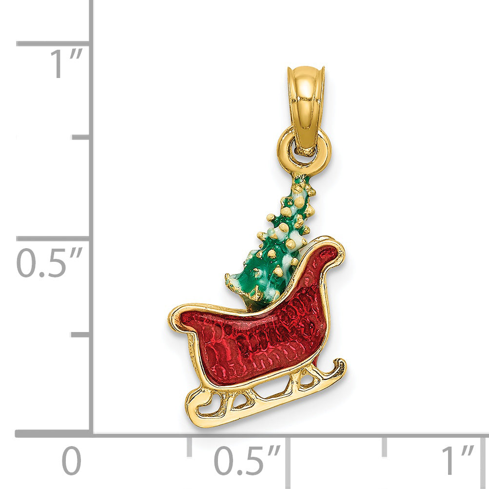 14K Yellow Gold 3-D Enameled Sleigh with Christmas Tree Charm Pendant