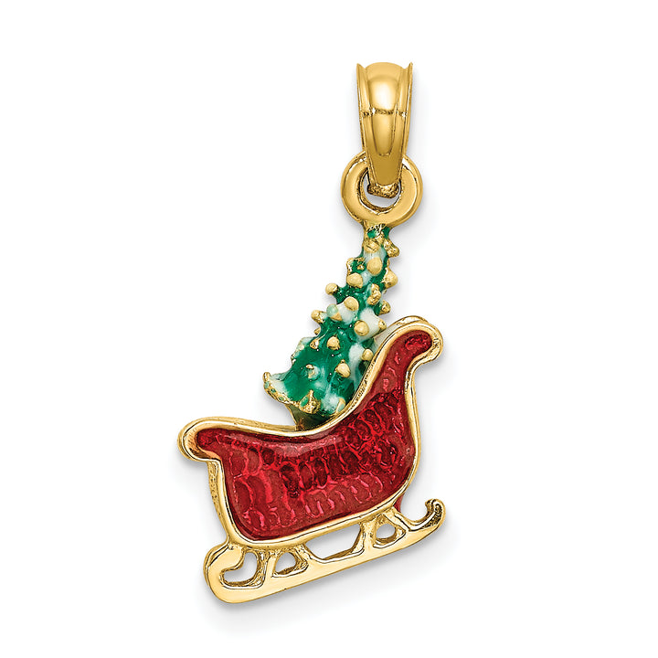 14K Yellow Gold 3-D Enameled Sleigh with Christmas Tree Charm Pendant