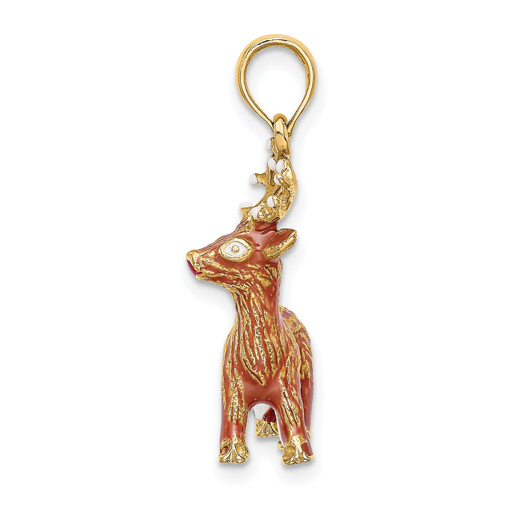 14K Yellow Gold 3-D Red-Nosed Reindeer Charm Pendant