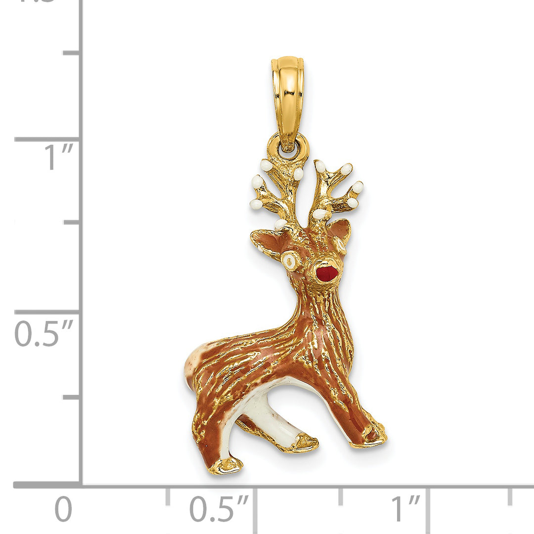 14K Yellow Gold 3-D Red-Nosed Reindeer Charm Pendant