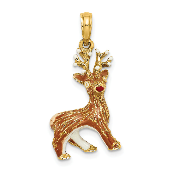 14K Yellow Gold 3-D Red-Nosed Reindeer Charm Pendant