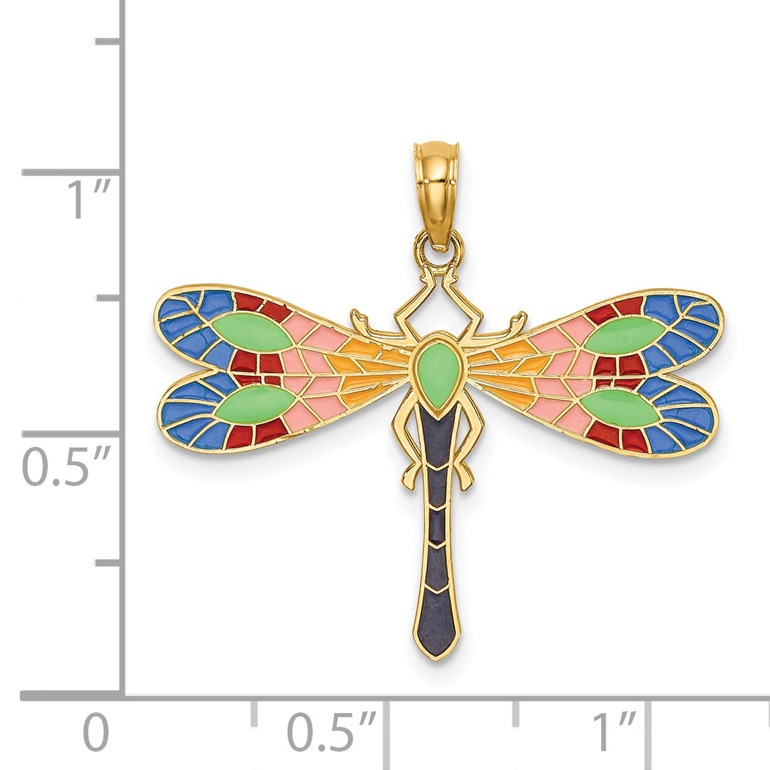 14K Yellow Gold Multi-Color Enamel Finish Dragonfly Pendant