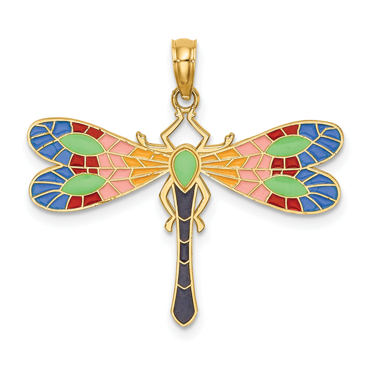 14K Yellow Gold Multi-Color Enamel Finish Dragonfly Pendant