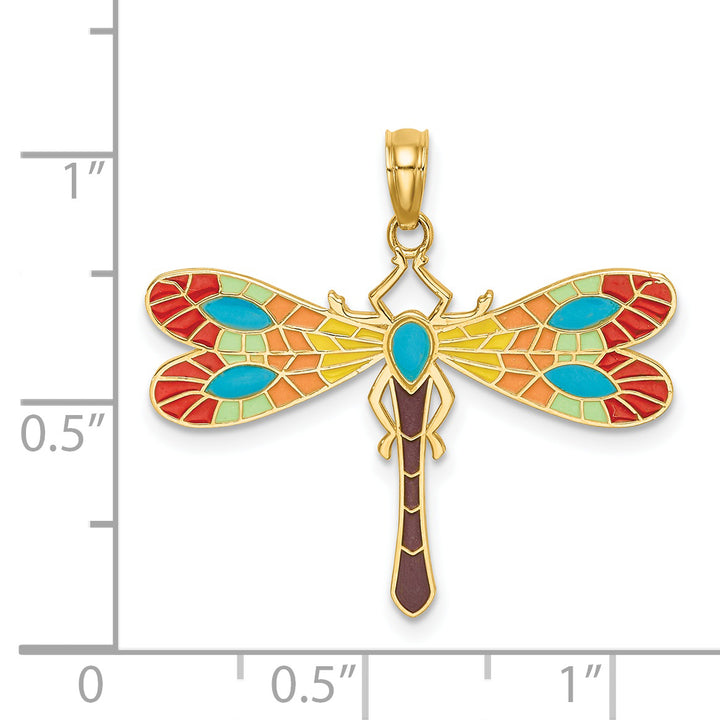 14K Yellow Gold Multi-Color Enamel Finish Dragonfly Charm Pendant