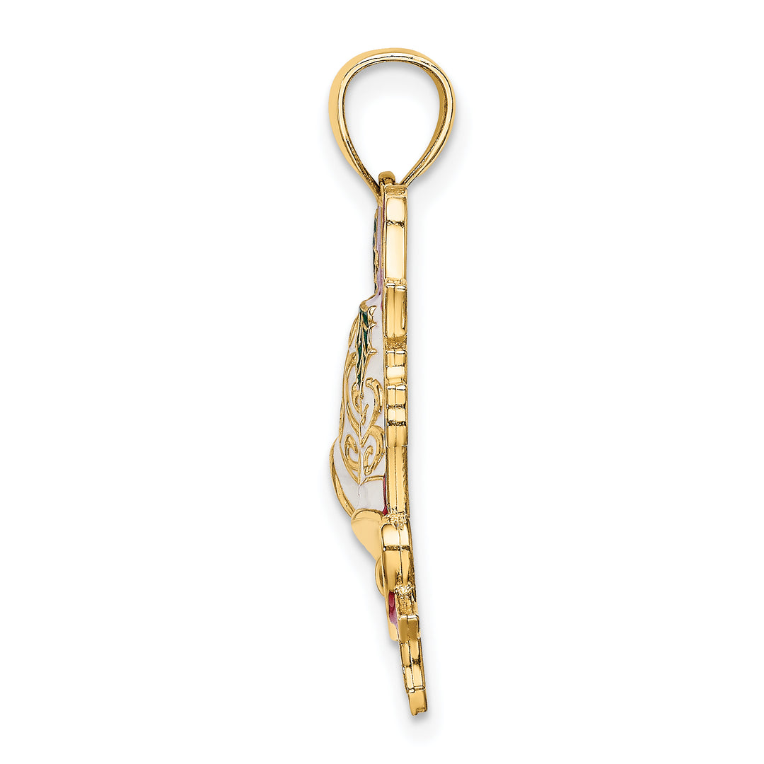 14K Yellow Gold Enamel Holiday Bells and Holly Charm Pendant