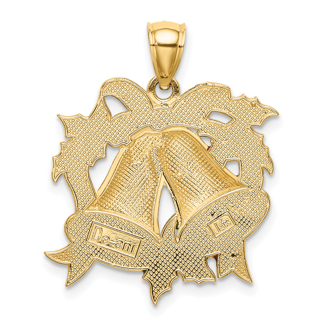 14K Yellow Gold Enamel Holiday Bells and Holly Charm Pendant