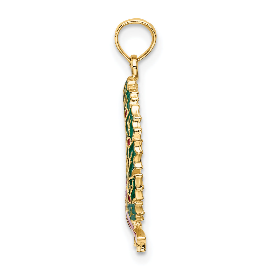 14K Yellow Gold Enameled Christmas Wreath Charm Pendant