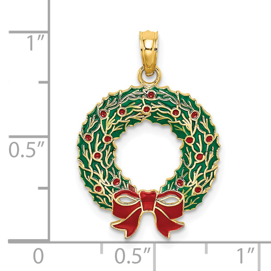14K Yellow Gold Enameled Christmas Wreath Charm Pendant