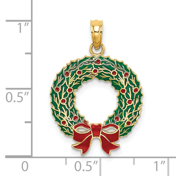 14K Yellow Gold Enameled Christmas Wreath Charm Pendant
