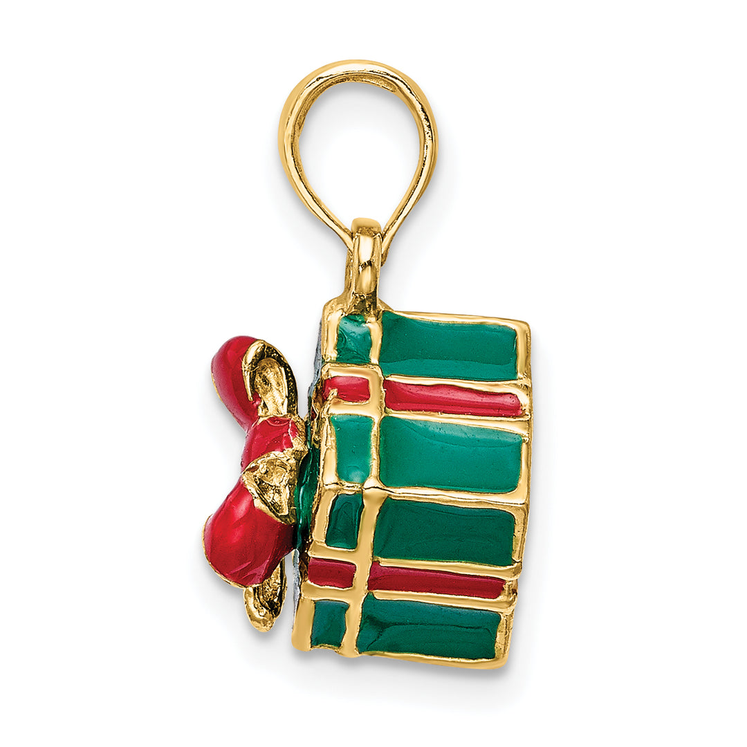 14K Yellow Gold 3-D Enameled Green Gift Box Red Bow Pendant