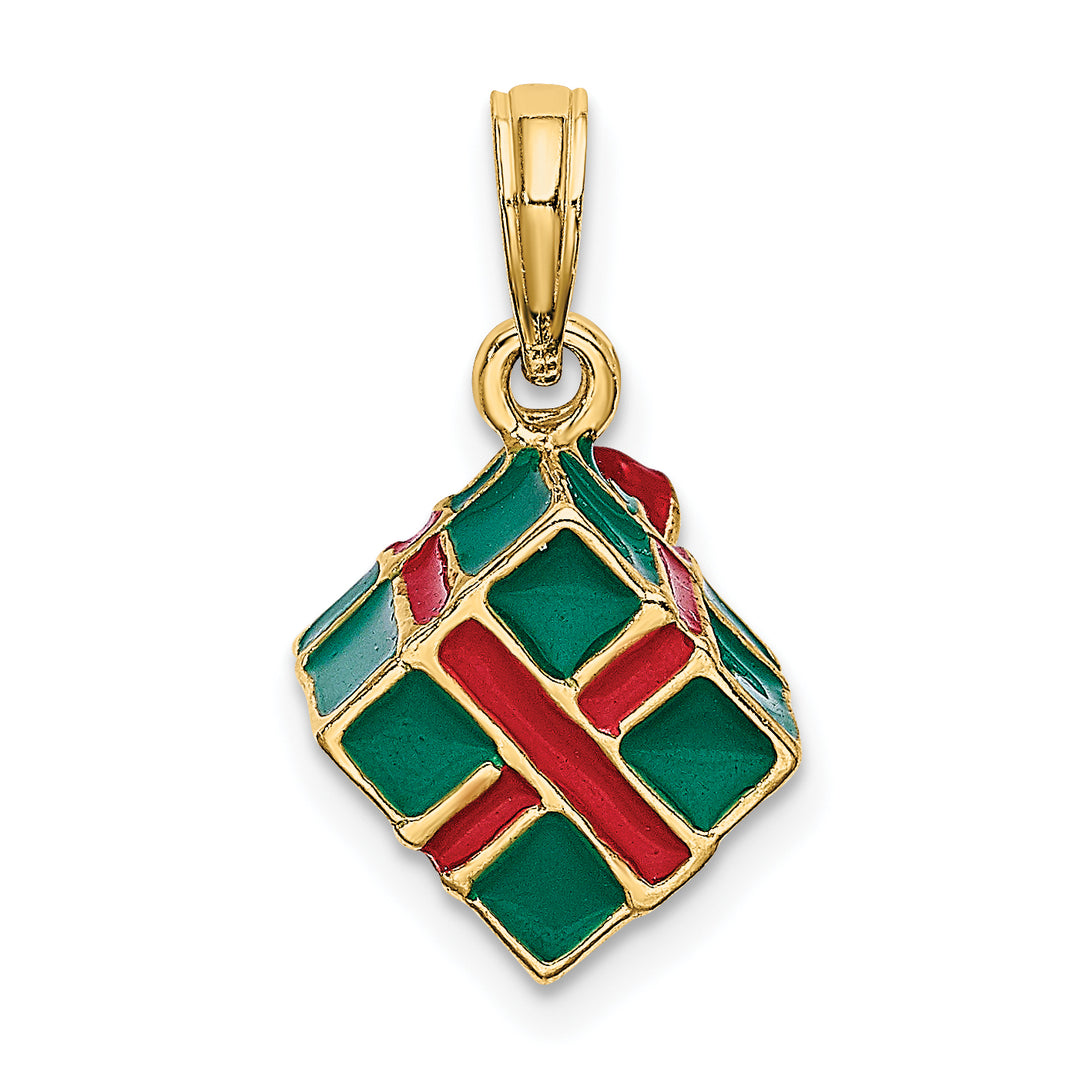 14K Yellow Gold 3-D Enameled Green Gift Box Red Bow Pendant