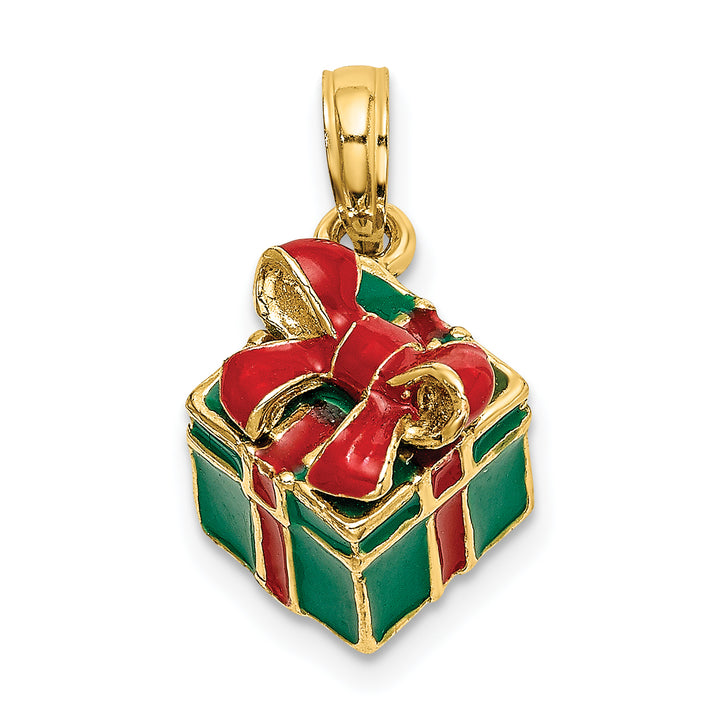 14K Yellow Gold 3-D Enameled Green Gift Box Red Bow Pendant