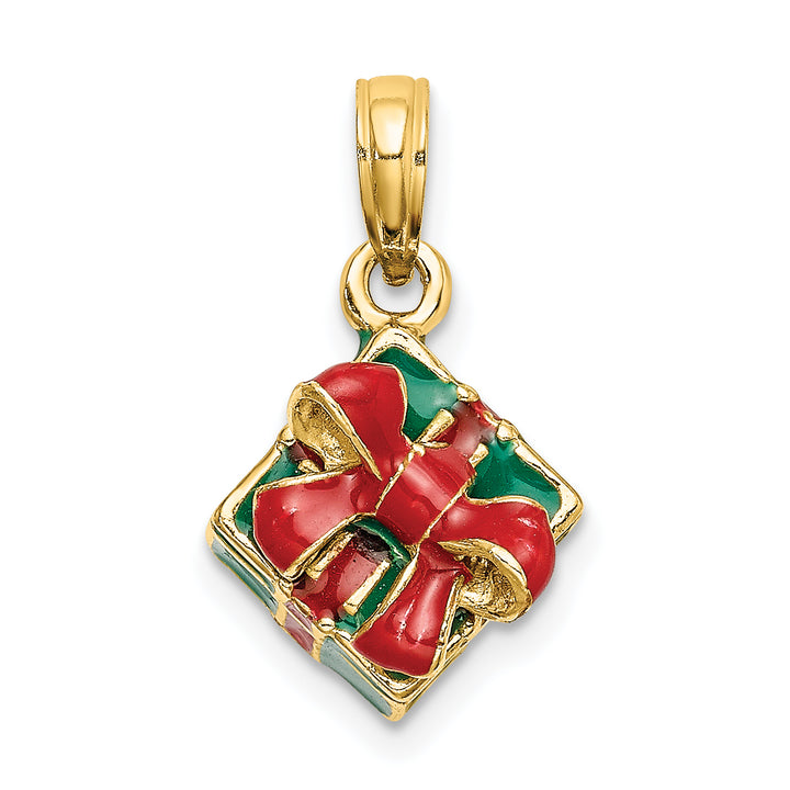 14K Yellow Gold 3-D Enameled Green Gift Box Red Bow Pendant