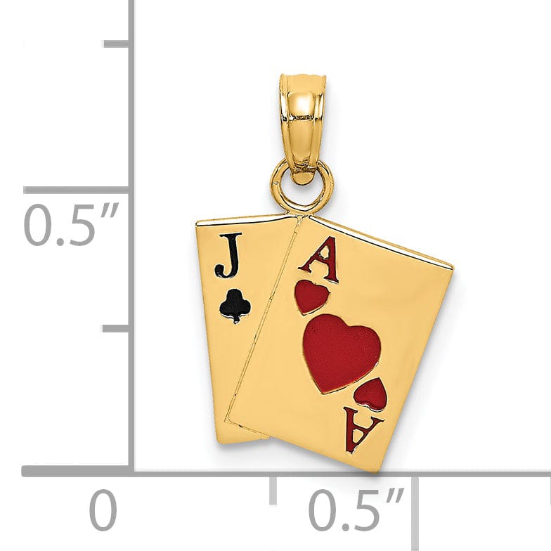14K Yellow Gold Jack of Clubs, Ace of Hearts Cards Pendant