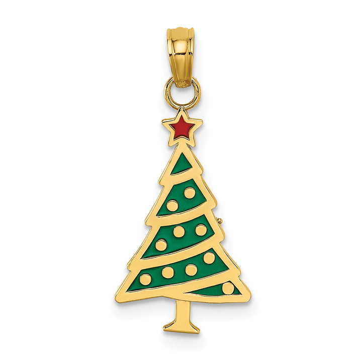14K Yellow Gold Enameled Green Christmas Tree with Red Star Charm