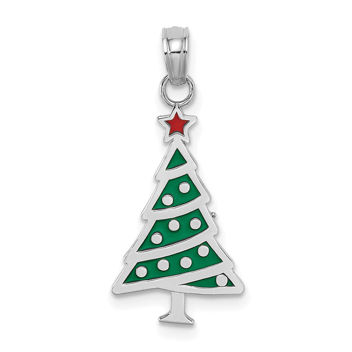 14K White Gold Enameled Green Christmas Tree with Red Star Pendant