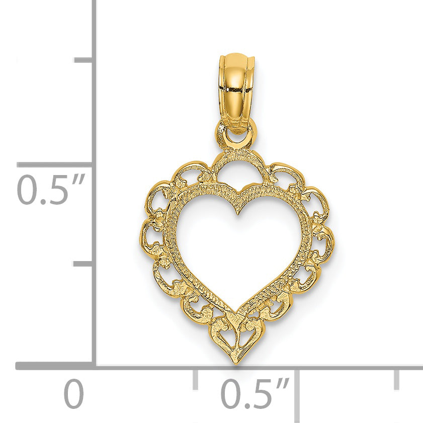 14k Yellow Gold Heart Lace Trim Design Pendant