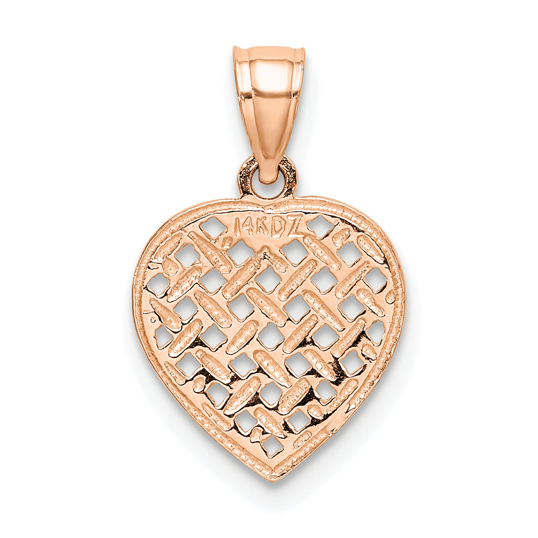 14K Gold Rose Polished Textured Finish Woven Filigree Heart Pendant