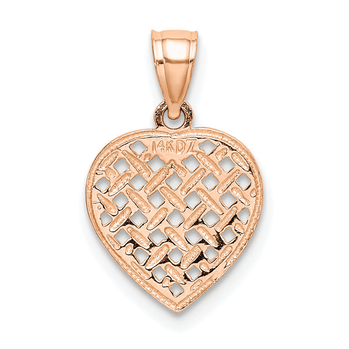 14K Gold Rose Polished Textured Finish Woven Filigree Heart Pendant