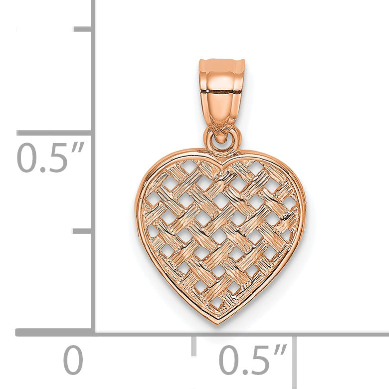 14K Gold Rose Polished Textured Finish Woven Filigree Heart Pendant