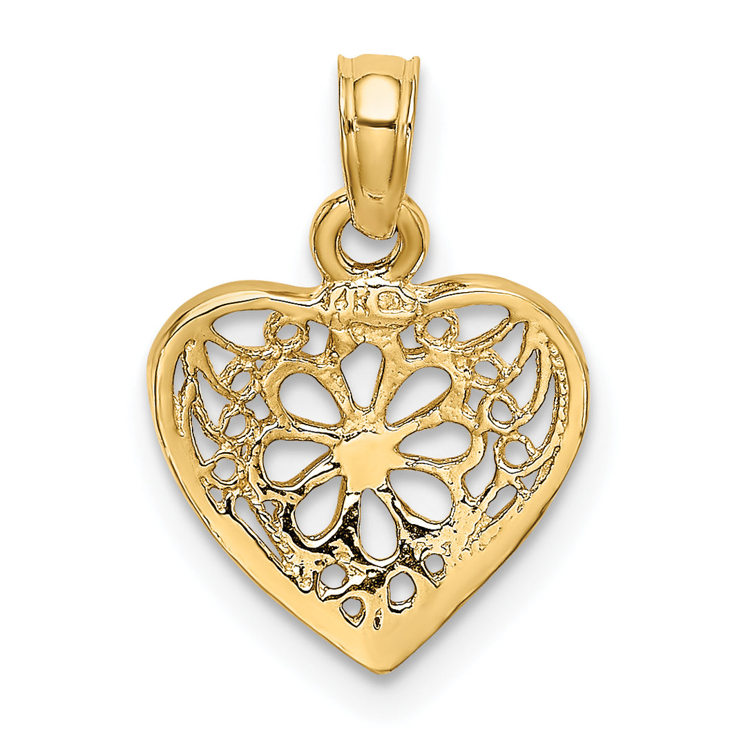 14k Yellow Gold 2-D Filigree Heart Flower Design Pendant