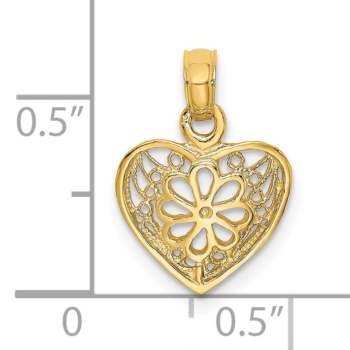 14k Yellow Gold 2-D Filigree Heart Flower Design Pendant