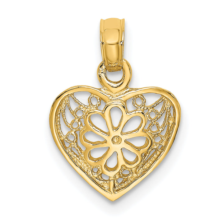 14k Yellow Gold 2-D Filigree Heart Flower Design Pendant