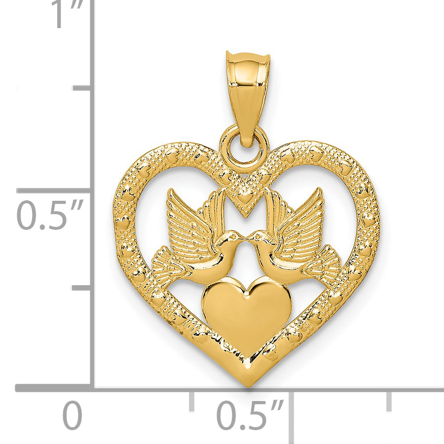 14k Yellow Gold Doves In Heart Pendant