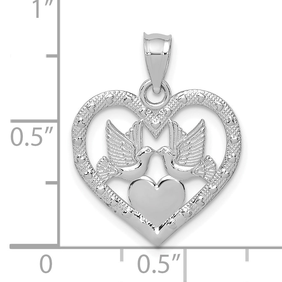 14K White Gold Doves In Heart Design Pendant