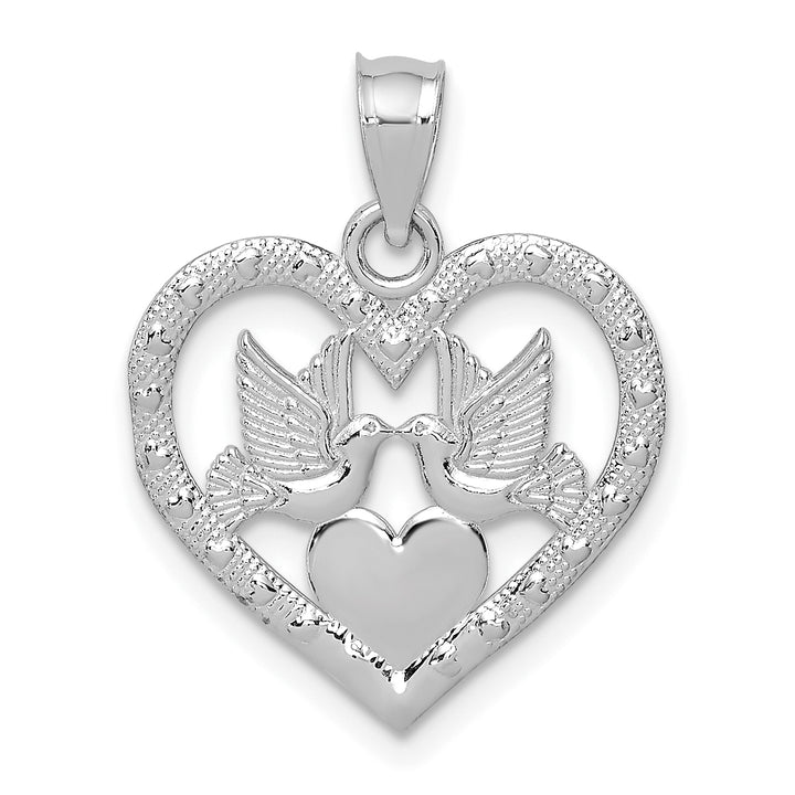 14K White Gold Doves In Heart Design Pendant