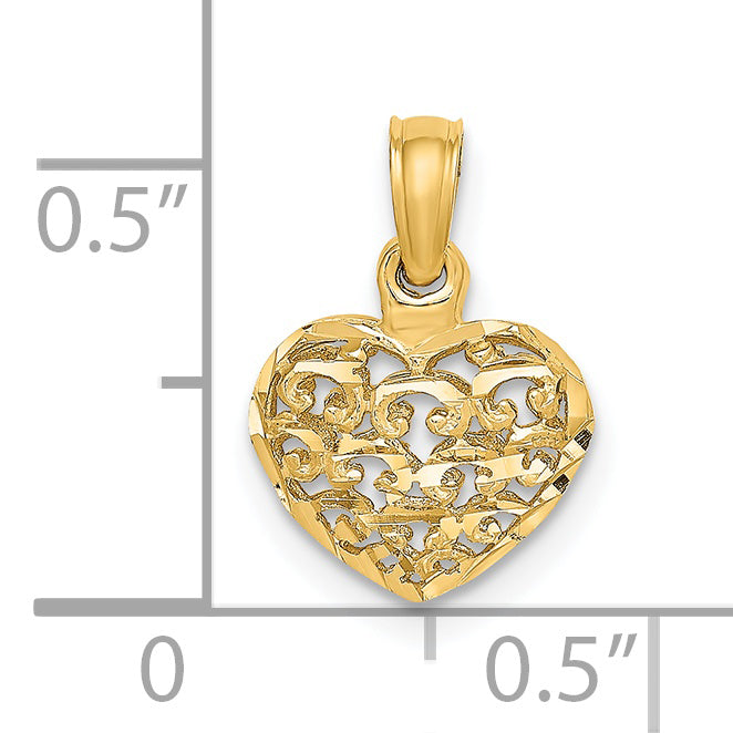 14k Yellow Gold 3-D Filigree D.C Mini Puffed Heart Pendant