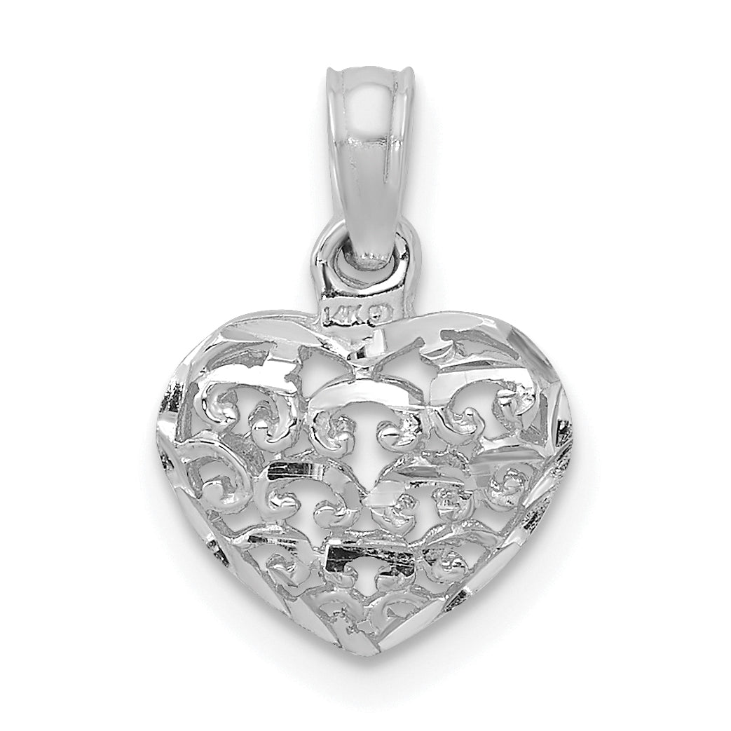 14K White Gold 3-D D.C Mini Puffed Filigree Heart Pendant