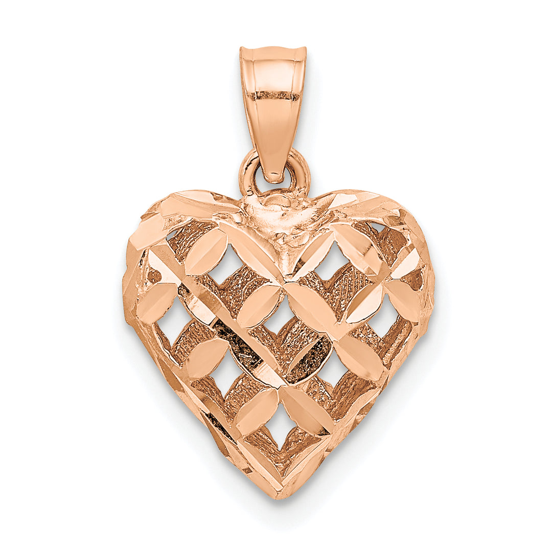 14K Rose Gold Polished 3-D D.C Puffed Filigree Heart Pendant