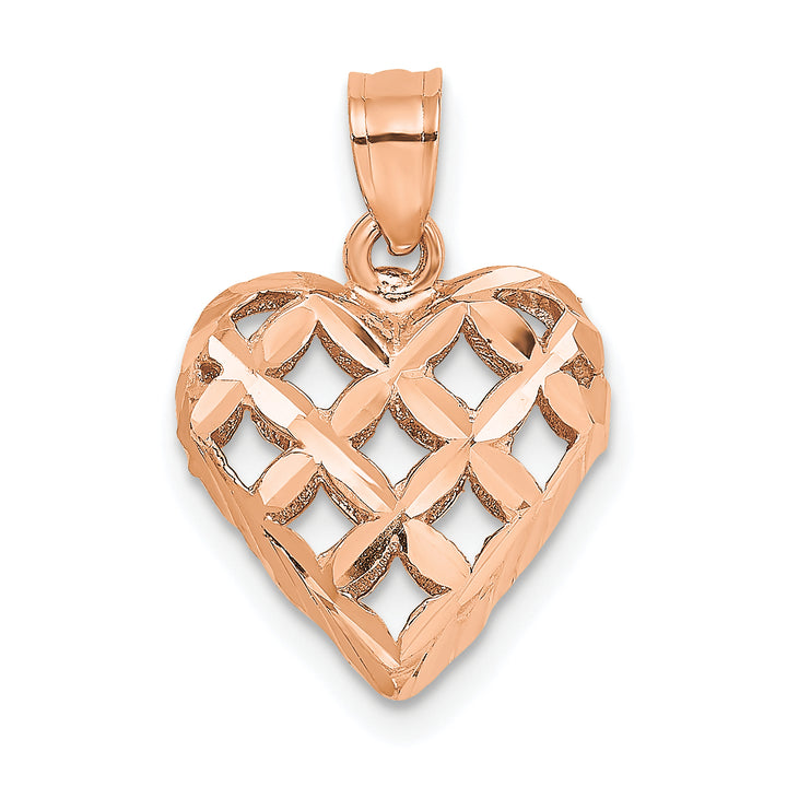 14K Rose Gold Polished 3-D D.C Puffed Filigree Heart Pendant