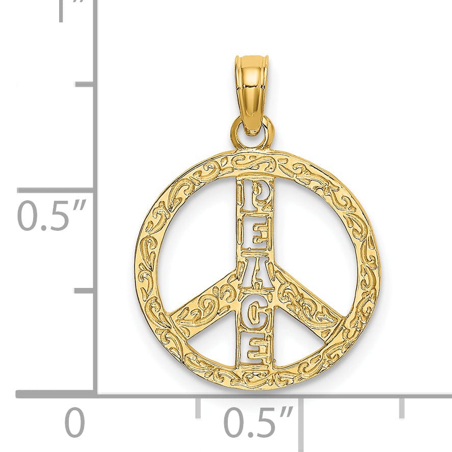 14K Yellow Gold Textured Design PEACE Sign Charm Pendant
