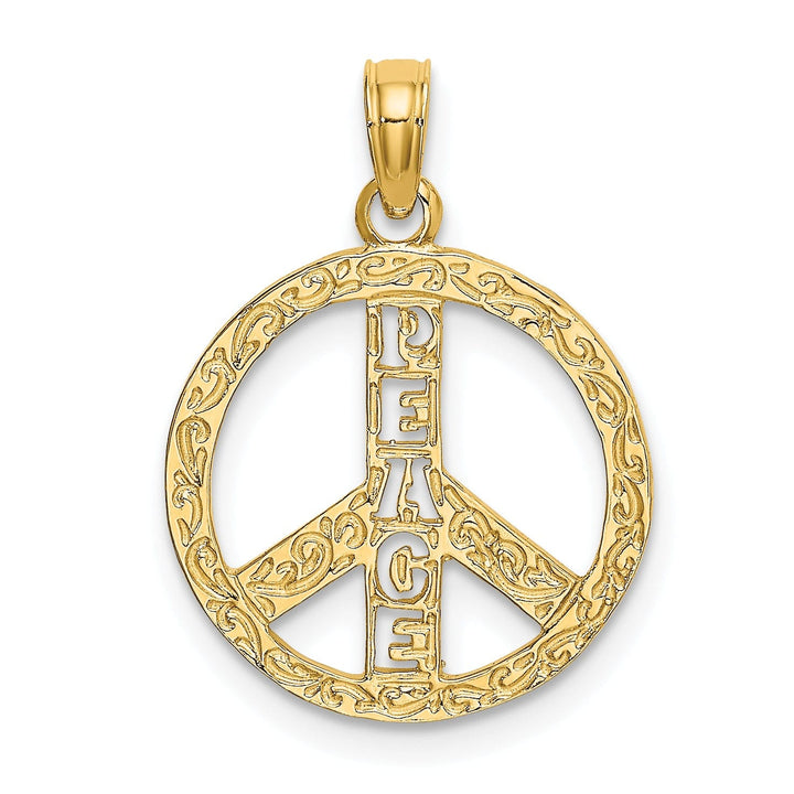 14K Yellow Gold Textured Design PEACE Sign Charm Pendant