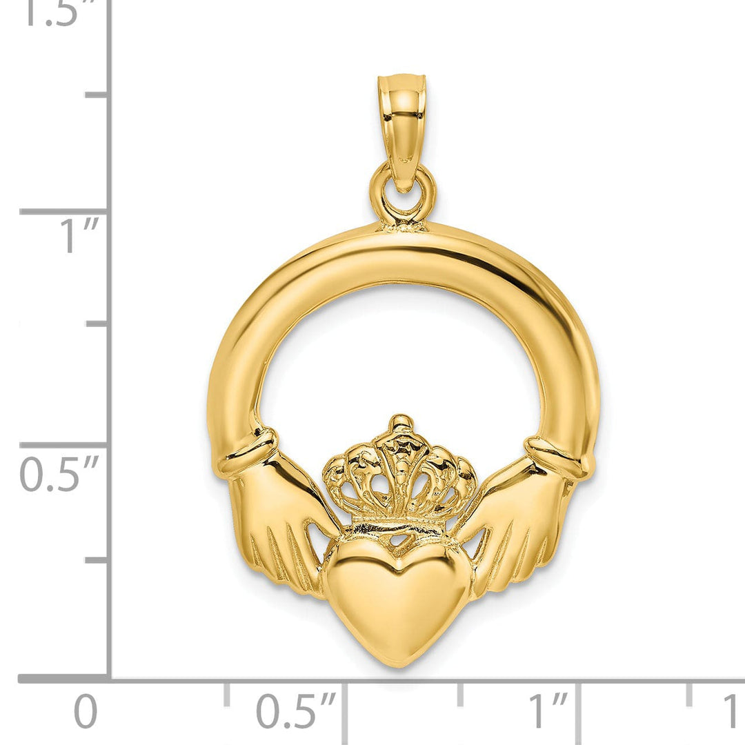 14K Yellow Gold Solid Large Claddagh Heart Design Pendant