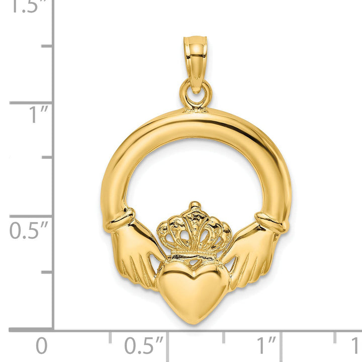14K Yellow Gold Solid Large Claddagh Heart Design Pendant