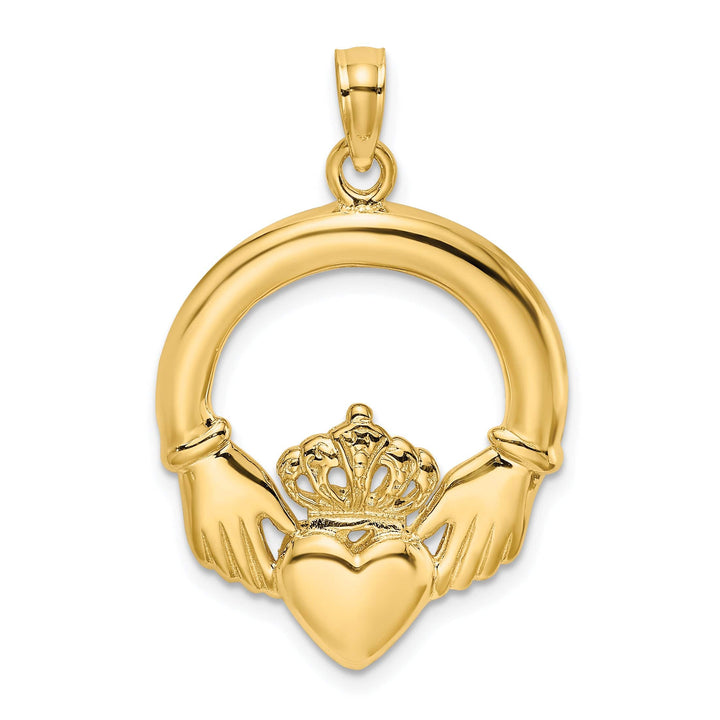 14K Yellow Gold Solid Large Claddagh Heart Design Pendant