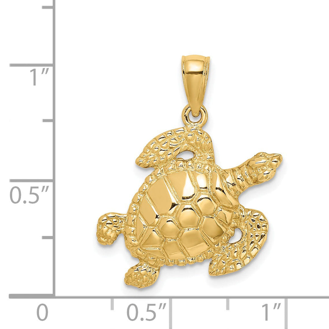 14K Yellow Gold Texture Finish Sea Turtle Pendant