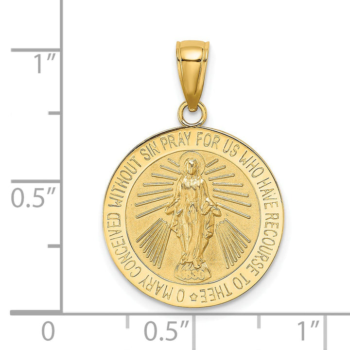 14K Yellow Gold Polished Satin Miraculous Medal Round Charm
