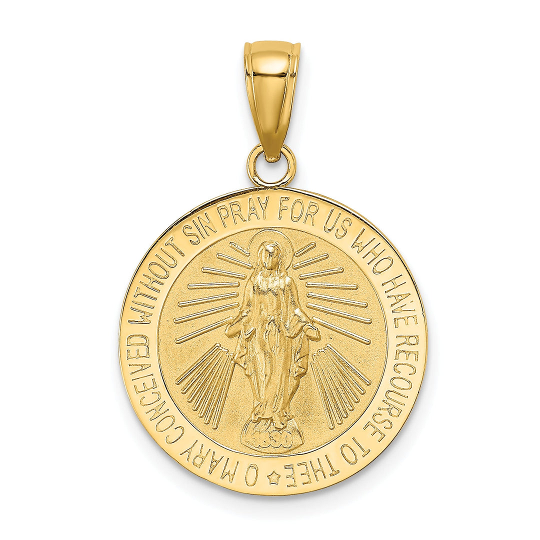 14K Yellow Gold Polished Satin Miraculous Medal Round Charm